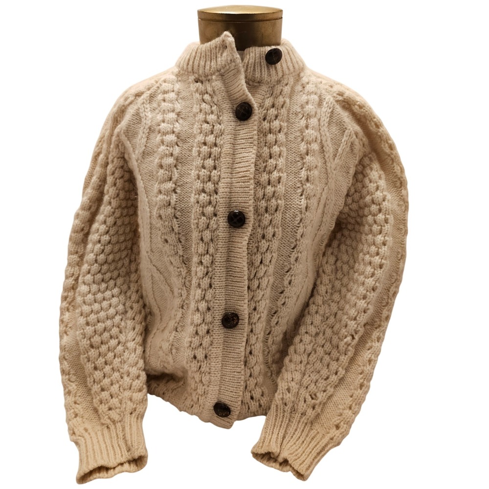 Carraig Donn Irish Wool Cardigan Cream Cable Knit Fisherman Sweater Size 38